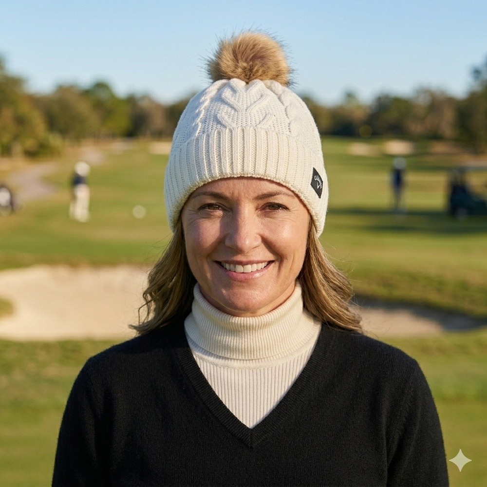 Callaway Pom Pom Beanie Womens OSFM Cream New Fleece Lined Cable Knit Hat